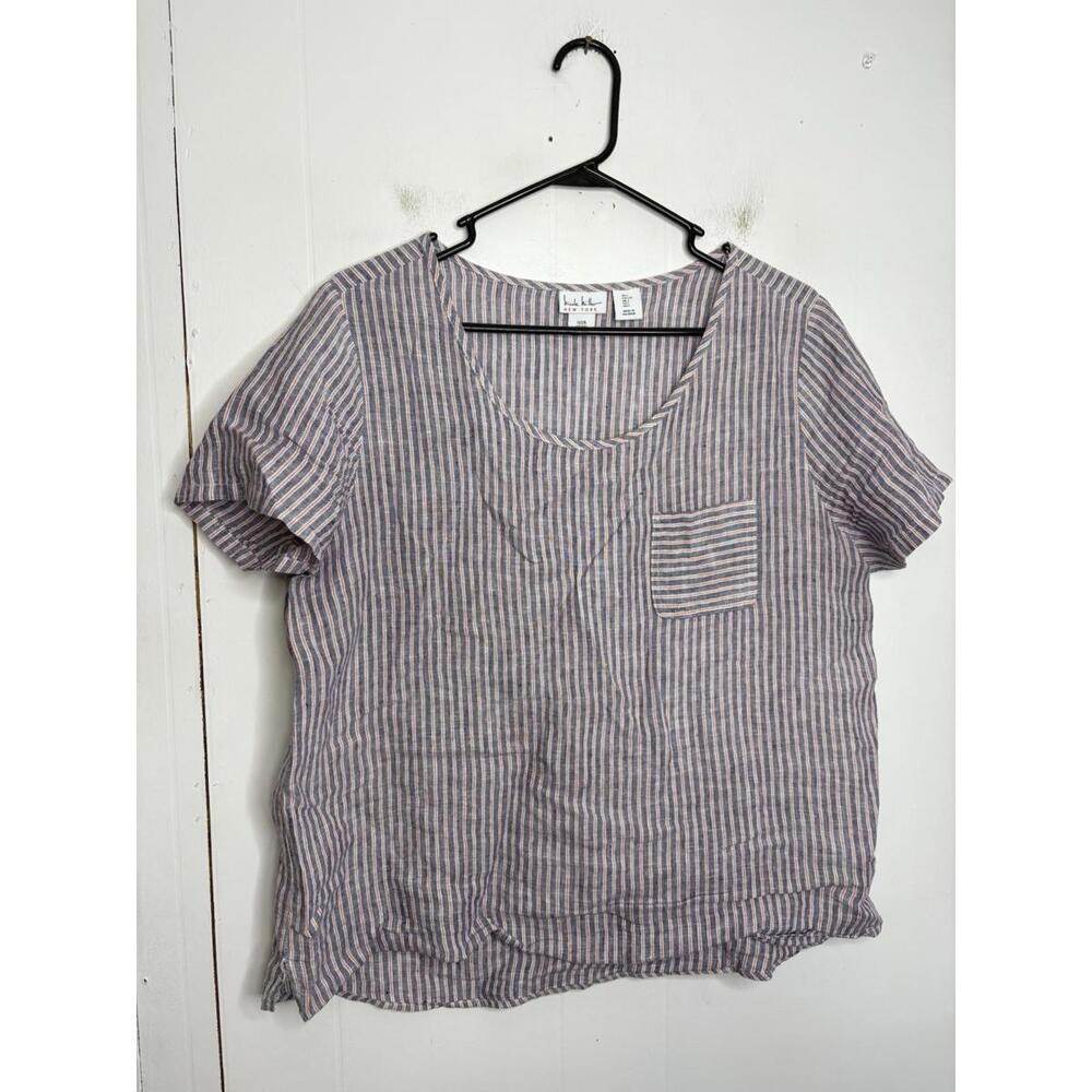 Nicole Miller Top Womens Large Linen Striped Boxy Lightweight Coastal Beachy